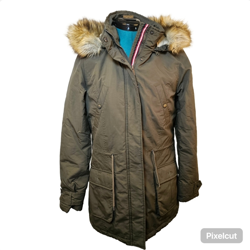 👍Puffa green removable real fur hood anorak winter parka jacket size S US.
